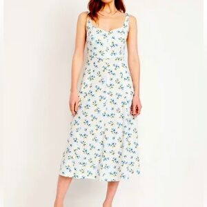Old Navy Fit & Flare Floral Linen Blend Midi Dress XS Blue Pockets